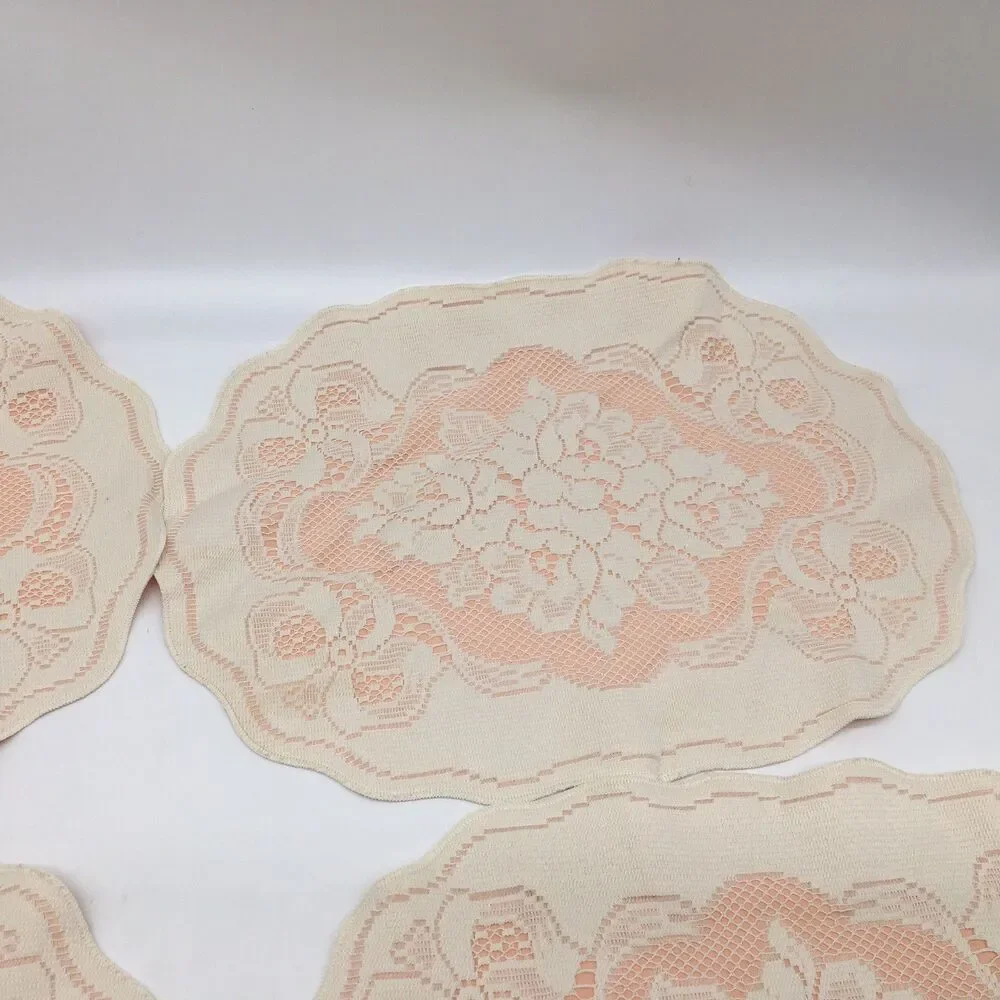 Vtg Oxford House white Lace over Peach Placemats Rose andBows  Set Of 4 READ